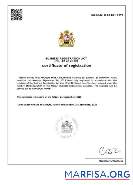 Printable Malawi certificate of registration Word and PDF template